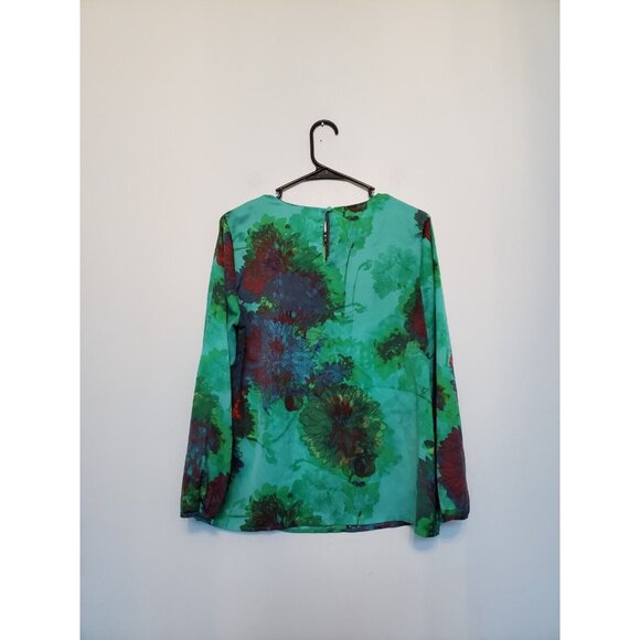 J Crew Womens M Blouse Floral Green Blue 3/4 Sleeve Tie Dye Bold Colors Satin - Picture 2 of 6